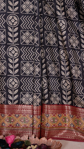 Black and Red Floral Geometric Pashmina Cotton Saree