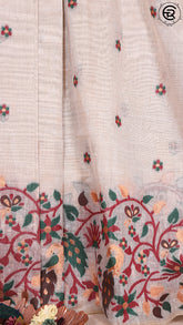 Off-White and Maroon Floral Peacock Jamdani Tussar Silk Saree