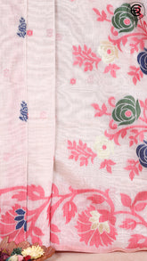 Off-White and Pink Rose Patterned Jamdani Tussar Silk Saree