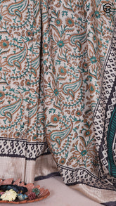 Off White and Green Floral Handloom Muga Cotton Saree