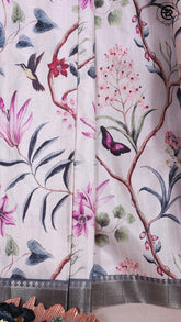 Cream White and Pink Floral Lily Raw Silk Saree