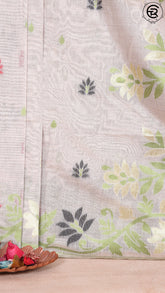 Off White and Green Floral Jamdani Tussar Silk Saree
