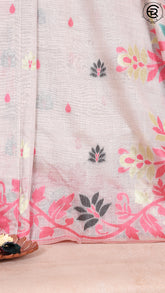 Off White and Pink Floral Jamdani Tussar Silk Saree