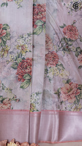 Orange and Beige Floral Printed with Simple Pallu Mangalagiri Silk Saree