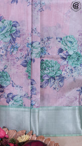 Pink and Green Floral Printed with Simple Pallu Mangalagiri Silk Saree