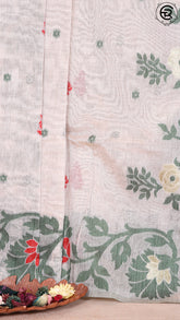 Off-White and Green Rose Patterned Jamdani Tussar Silk Saree