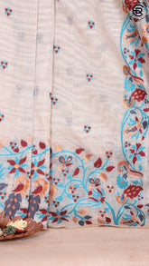 Off-White and Blue Floral Peacock Jamdani Tussar Silk Saree
