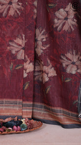 Sangria Red and Black Contemporary Floral Summer Cotton Saree