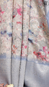 Off-White and Blue Floral Jute Banarasi Saree ERA05