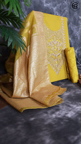 Flaxen Yellow Chanderi Silk Gold Zardosi Embroidery Pattern Designer Salwar