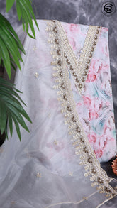 Grey and Pink Organza Sequined neck work with floral pattern Designer Salwar