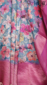 Blue and Pink Floral Jute Banarasi Saree ERA05