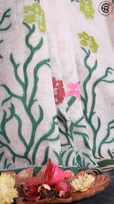 Off-White and Green Multicolor Bird Pattern Jamdani Tussar Saree
