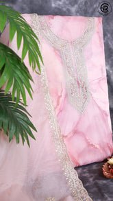 Flamingo Pink and Light Brown Organza Marble Patterned Sequined Neck Designer Salwar