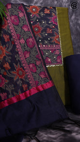 Moss Green & Blue Raw Silk Floral Design Weaved Mirror work Designer Salwar