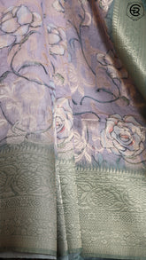 Cream Green Floral Jute Banarasi Saree ERA05