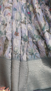 Greyish Green Floral Jute Banarasi Saree ERA05