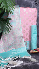 Baby Pink and Sea Blue Green Silk Contrast Zari Woven Banaras Salwar