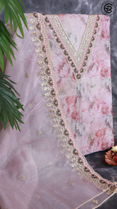 Pink and Brown Organza Sequined neck work with floral pattern Designer Salwar