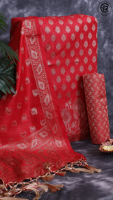Crimson Red Silk Cotton Floral Self Zari Woven Banaras Salwar