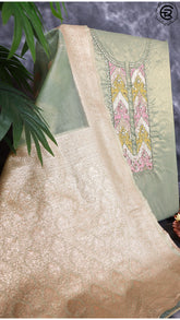 Sage Green and Gold Tissue Silk Pearl Embroidery Pattern Designer Salwar