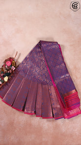 Greyish Blue & Pink Bridal Silk Gold Zari Woven Floral Mango Matrix Design Kanchipuram Set