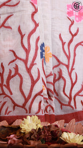 Off-White and Maroon Multicolor Bird Pattern Jamdani Tussar Saree