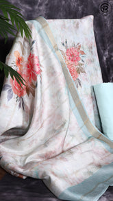 Light Tea Green Chanderi Silk Pink and Orange Sequined Floral Digital Pattern with Gold Outline Designer Salwar