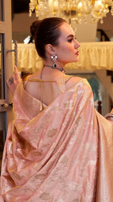Peach Pink and Gold Floral Satin Banarasi Silk Saree