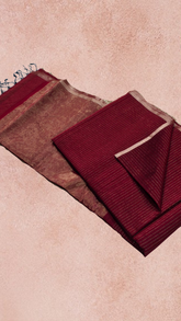 Maroon Gold Zari Line Handloom Pure Maheshwari Silk Saree