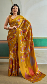 Yellow Floral Pure Ajrakh Satin Crepe Silk Saree