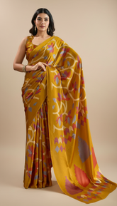 Yellow Floral Ajrakh Satin Crepe Silk Saree