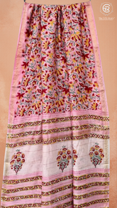 Peach Pink & Red Floral Handblocked Pure Maheshwari Cotton Sarees