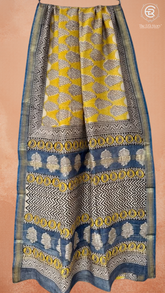 Yellow & Blue Floral Handblocked Pure Maheshwari Cotton Sarees