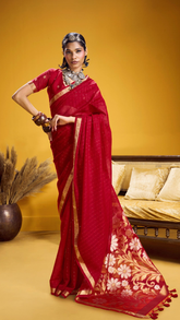 Red Gold Silver Floral Sequined Tussar Silk Saree