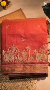 Peach Orange & Beige Elephant Peacock Kantha Tussar Silk Saree