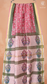 Pink & Green Floral Handblocked Pure Maheshwari Cotton Sarees