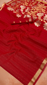 Red Gold Silver Floral Sequined Tussar Silk Saree