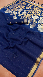 Blue Gold Silver Floral Sequined Tussar Silk Saree