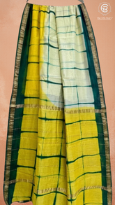 White, Yellow & Blue Ombre Checked Handblocked Pure Maheshwari Cotton Sarees