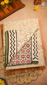 Beige & Green Floral Handblocked Pure Mul Cotton Saree