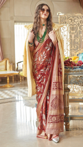 Rustic Orange Floral Brasso Georgette Silk Saree