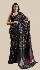 Black Floral Ajrakh Satin Crepe Silk Saree