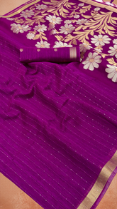 Purple Gold Silver Floral Sequined Tussar Silk Saree