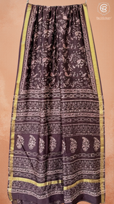 Deep Brown Floral Handblocked Pure Maheshwari Cotton Sarees
