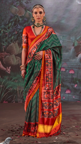 Green and Red Ikkat Leheriya Patola Crepe Banarasi Saree