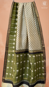 Beige & Green Contemporary Handblocked Pure Maheshwari Cotton Sarees