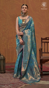 Teal Blue & Gold Floral Kanchi Soft Silk Saree
