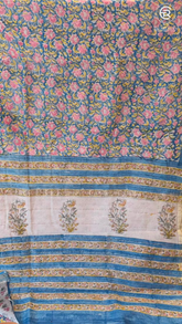 Blue and Pink Floral Handblocked Pure Maheshwari Cotton Sarees