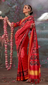 Red Ikkat Leheriya Patola Crepe Banarasi Saree